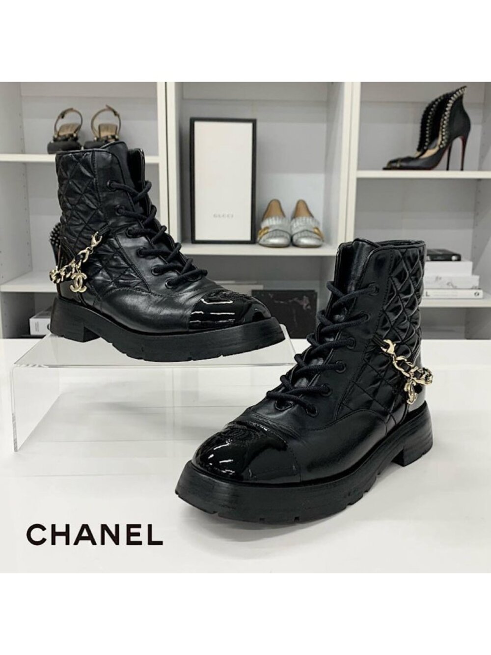 Chanel CC Logo Leather Patent Quilted Chain Short Boots